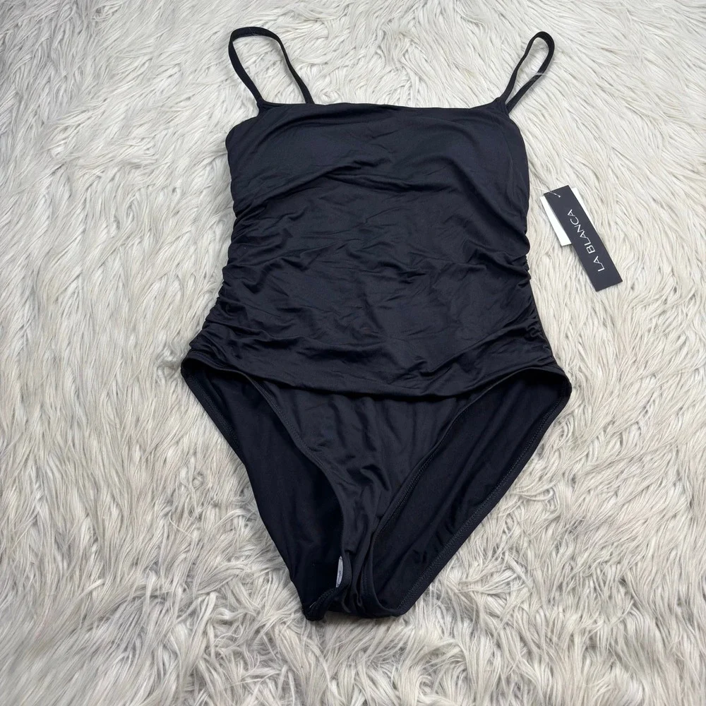 NWT La Blanca Women's 12 Classic One Piece Swim Suit Shirred Draped Front Black